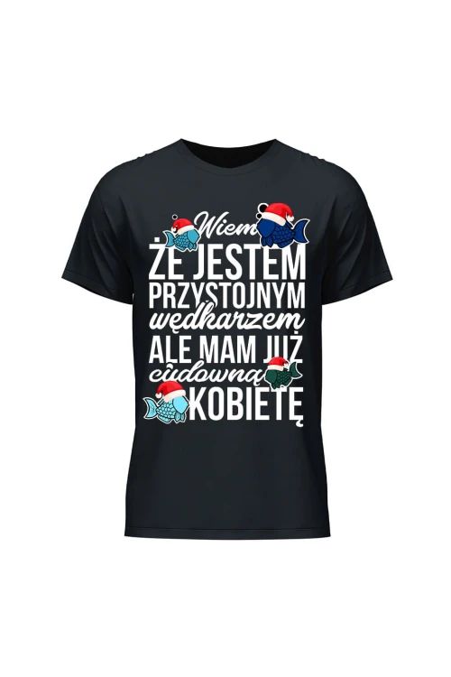 Koszulka męska Świąteczna wersja Wiem że jest przystojnym wędkarz - czarna