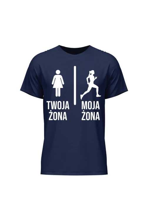 Koszulka męska Twoja żona vs Moja żona Bieganie - granatowa