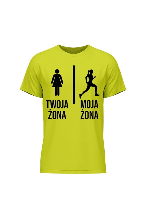 Koszulka męska Twoja żona vs Moja żona Bieganie - limonka