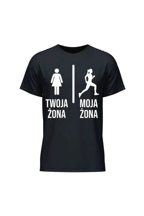 Koszulka męska Twoja żona vs Moja żona Bieganie - czarna
