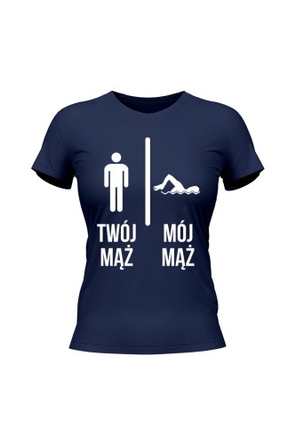 Koszulka damska Twój mąż vs Mój mąż pływanie - granatowa