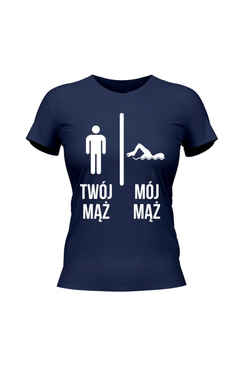 Koszulka damska Twój mąż vs Mój mąż pływanie - granatowa