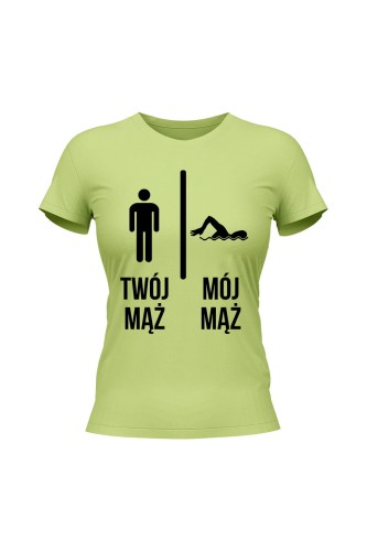 Koszulka damska Twój mąż vs Mój mąż pływanie - limonka