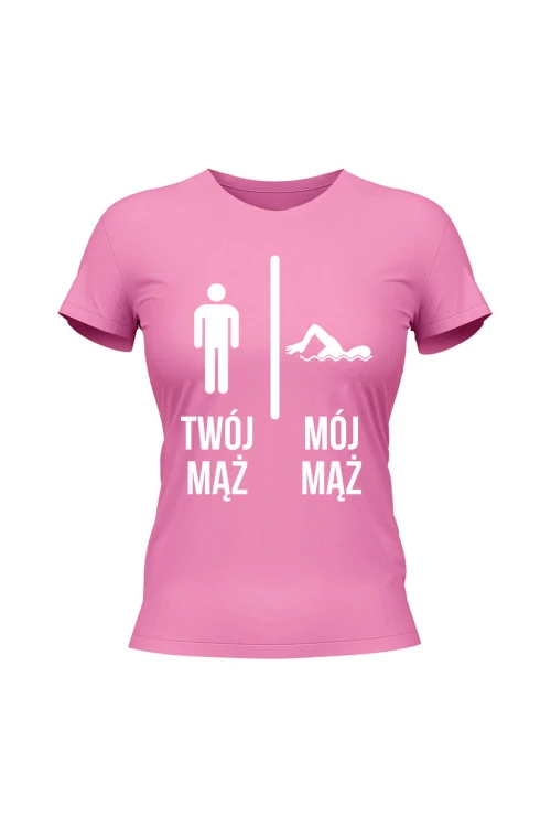 Koszulka damska Twój mąż vs Mój mąż pływanie - różowa