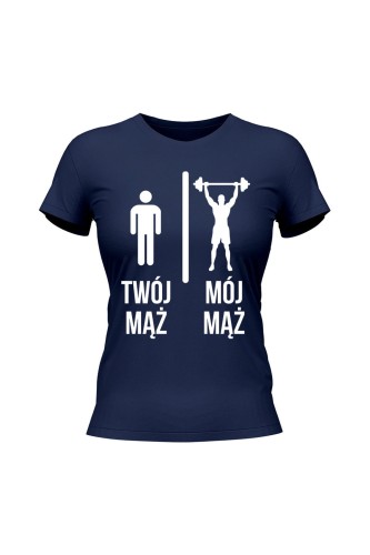 Koszulka damska Twój mąż vs Mój mąż siłownia - granatowa