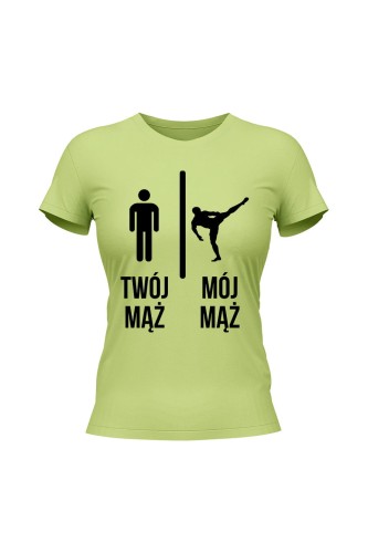Koszulka damska Twój mąż vs Mój mąż karate - limonka