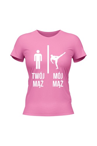 Koszulka damska Twój mąż vs Mój mąż karate - różowa
