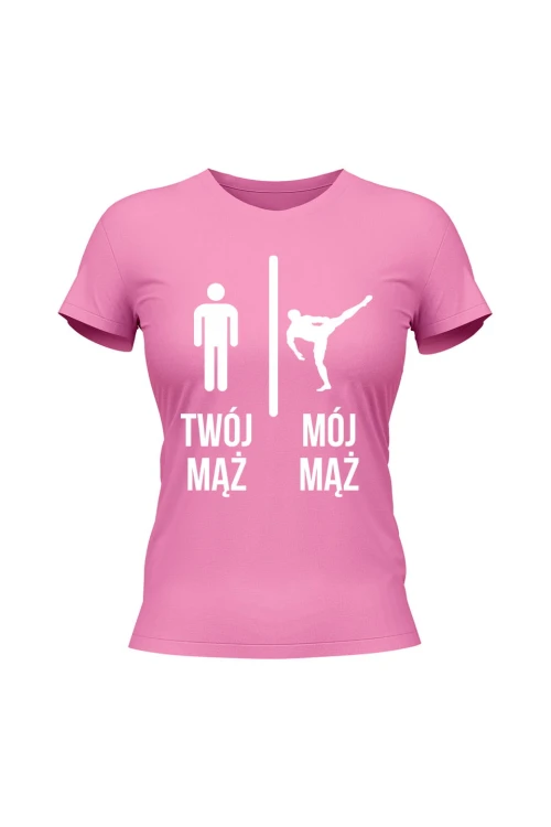 Koszulka damska Twój mąż vs Mój mąż karate - różowa