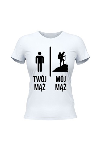 Koszulka damska Twój mąż vs Mój mąż góry - biała