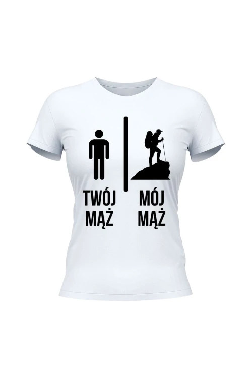 Koszulka damska Twój mąż vs Mój mąż góry - biała