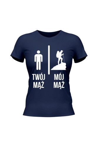 Koszulka damska Twój mąż vs Mój mąż góry - granatowa