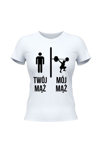 Koszulka damska Twój mąż vs Mój mąż trójbój - biała