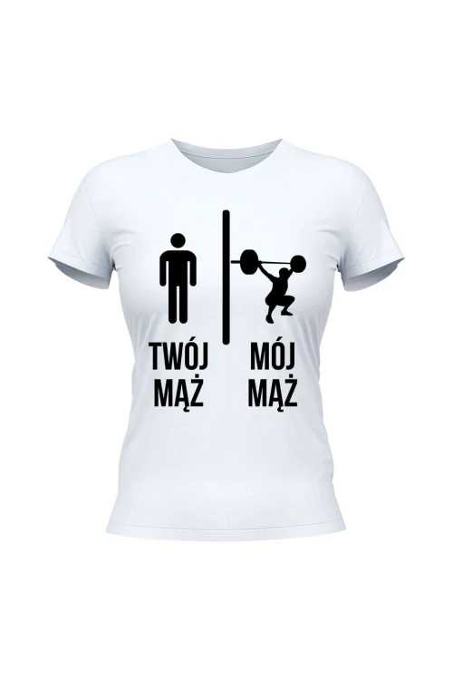 Koszulka damska Twój mąż vs Mój mąż trójbój - biała
