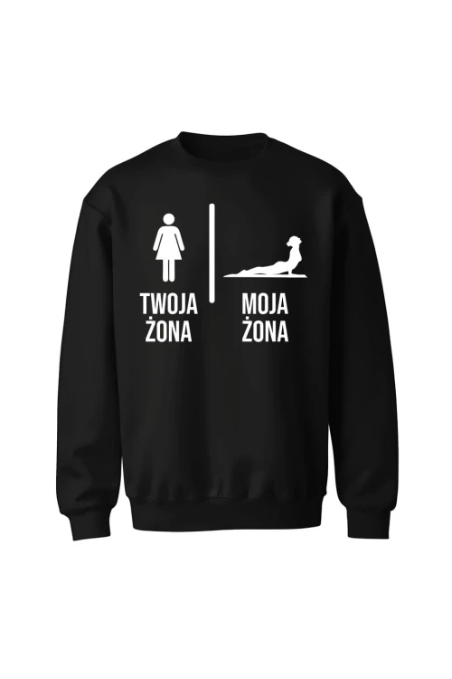 Bluza bez kaptura Twoja żona vs Moja żona joga - czarna