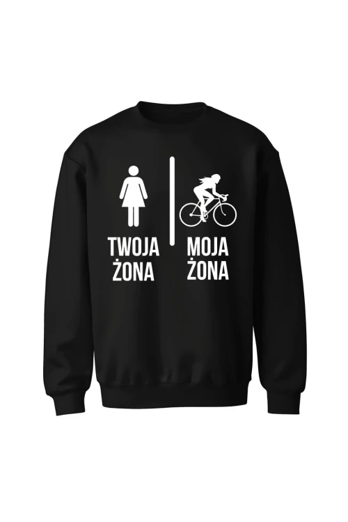 Bluza bez kaptura Twoja żona vs Moja żona jazda na rowerze - czarna