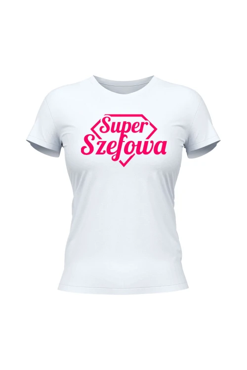 Koszulka damska Super Szefowa różowy nadruk - biała