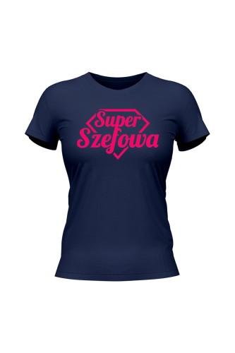 Koszulka damska Super Szefowa różowy nadruk - granatowa
