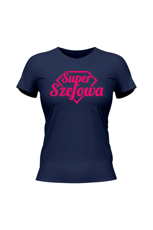 Koszulka damska Super Szefowa różowy nadruk - granatowa