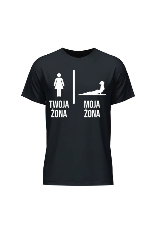 Koszulka męska Twoja żona vs Moja żona joga - czarna