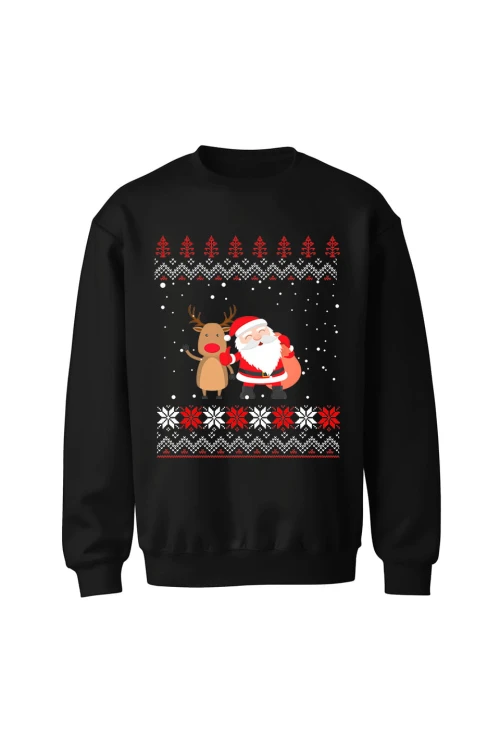 Bluza bez kaptura Mikołaj z reniferem - czarna