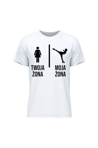 Koszulka męska Twoja żona vs Moja żona łyżwy - biała
