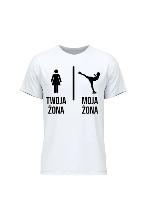 Koszulka męska Twoja żona vs Moja żona łyżwy - biała