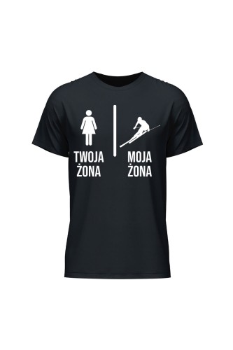 Koszulka męska Twoja żona vs Moja żona narciarstwo - czarna