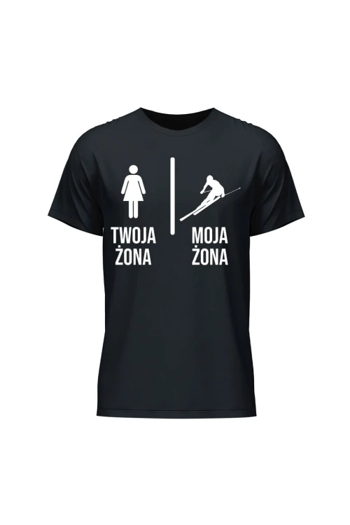 Koszulka męska Twoja żona vs Moja żona narciarstwo - czarna