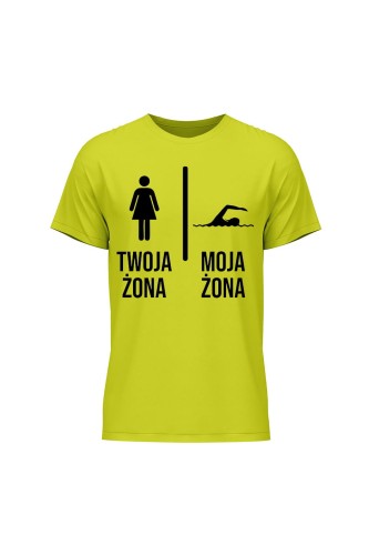 Koszulka męska Twoja żona vs Moja żona pływanie - limonka