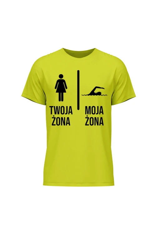Koszulka męska Twoja żona vs Moja żona pływanie - limonka