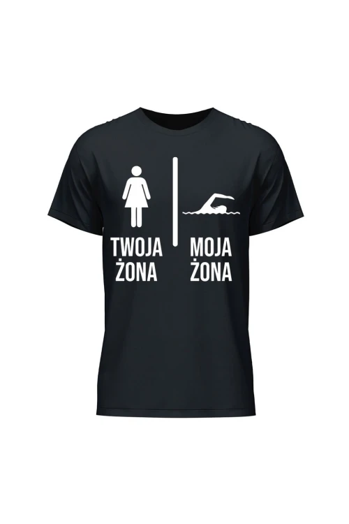Koszulka męska Twoja żona vs Moja żona pływanie - czarna