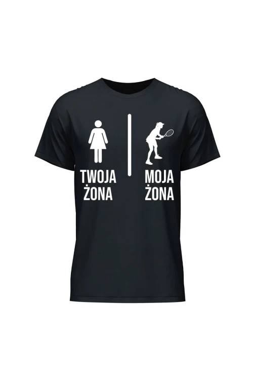 Koszulka męska Twoja żona vs Moja żona tenis - czarna