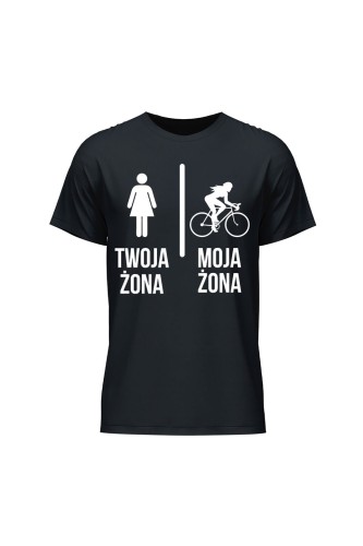 Koszulka męska Twoja żona vs Moja żona jazda na rowerze - czarna