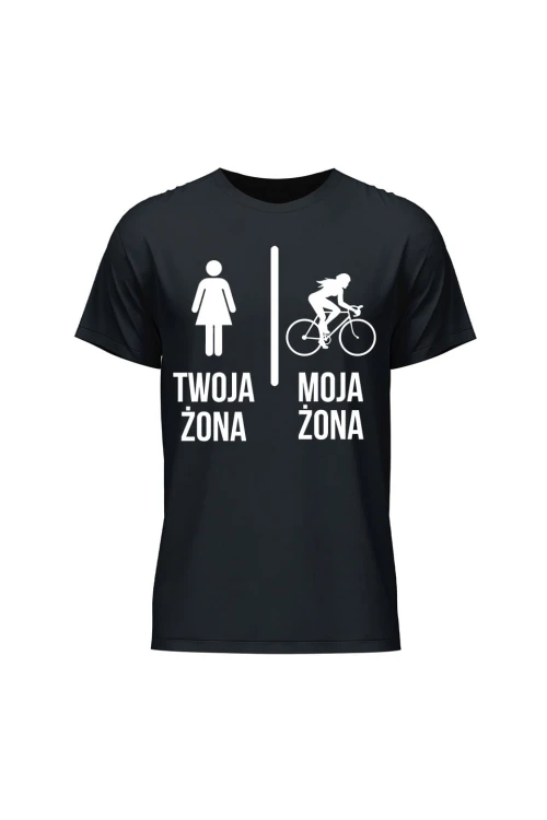 Koszulka męska Twoja żona vs Moja żona jazda na rowerze - czarna