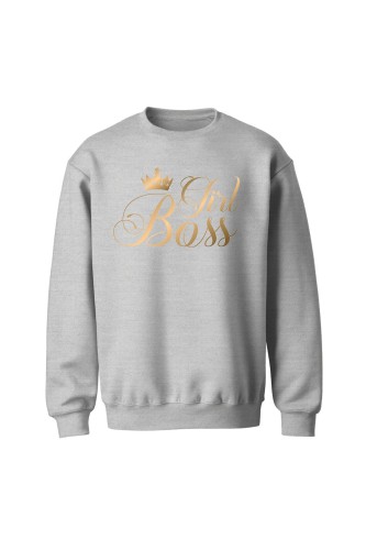 Bluza bez kaptura Girl Boss złoty nadruk - szara
