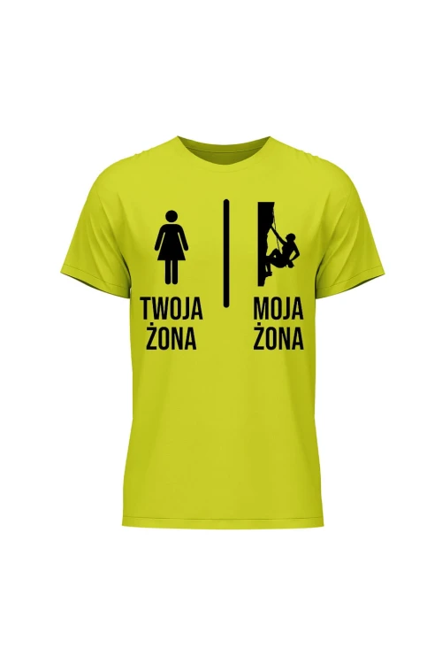 Koszulka męska Twoja żona vs Moja żona wspinaczka - limonka