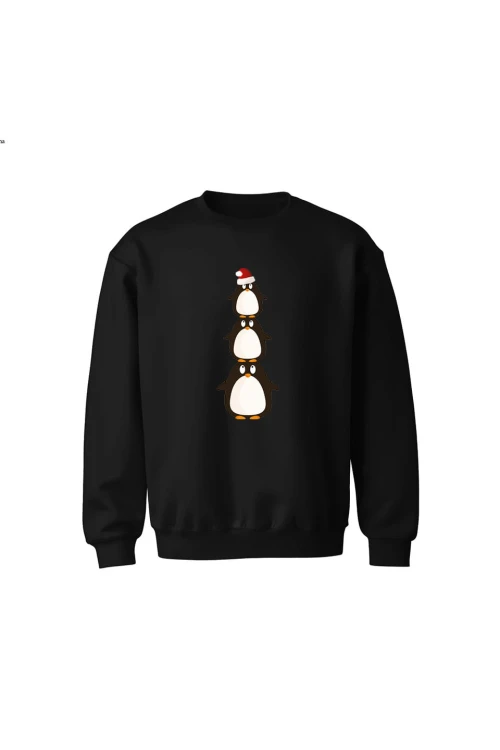 Bluza dziecięca bez kaptura Świąteczne pingwinki - czarna