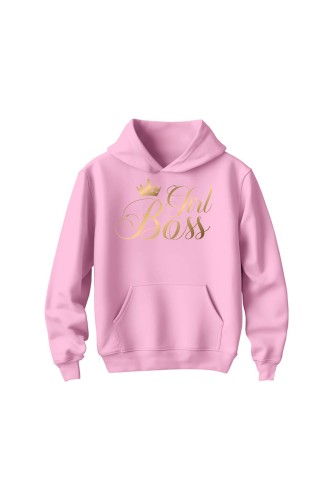 Bluza dziecięca z kapturem Girl Boss złoty nadruk - różowa