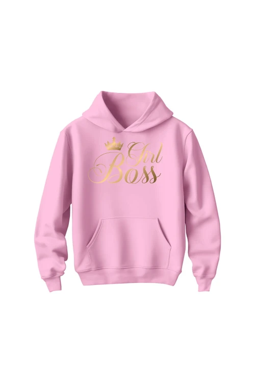 Bluza dziecięca z kapturem Girl Boss złoty nadruk - różowa