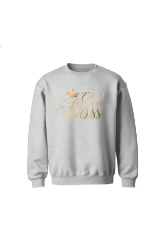 Bluza dziecięca bez kaptura Girl Boss złoty nadruk - szara