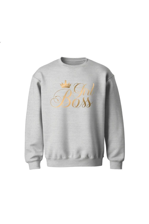 Bluza dziecięca bez kaptura Girl Boss złoty nadruk - szara
