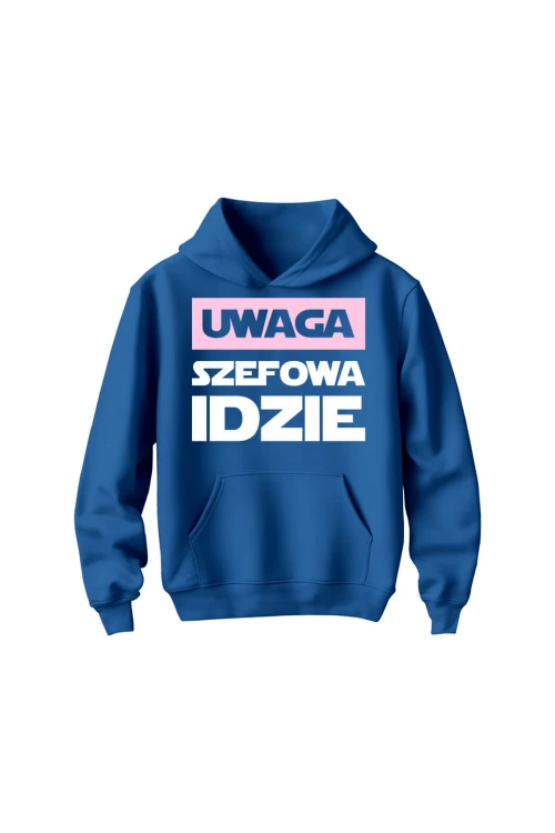 Bluza dziecięca z kapturem Uwaga Szefowa Idzie - niebieska