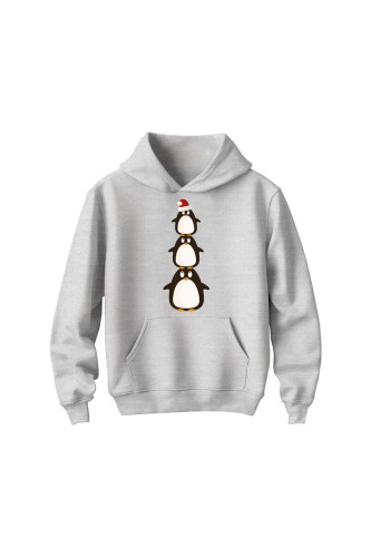 Bluza dziecięca z kapturem Świąteczne pingwinki - szara