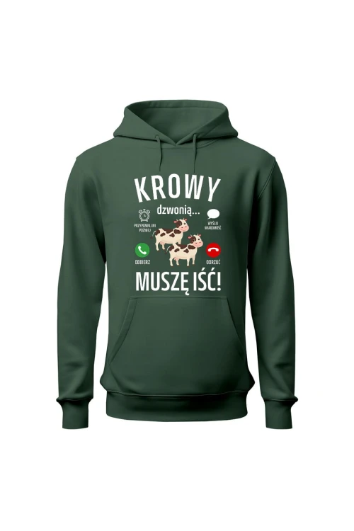 Bluza męska z kapturem Krowy dzwonią muszę iść - zielona