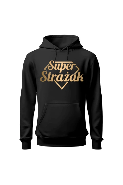 Bluza męska z kapturem Super strażak złoty - czarna