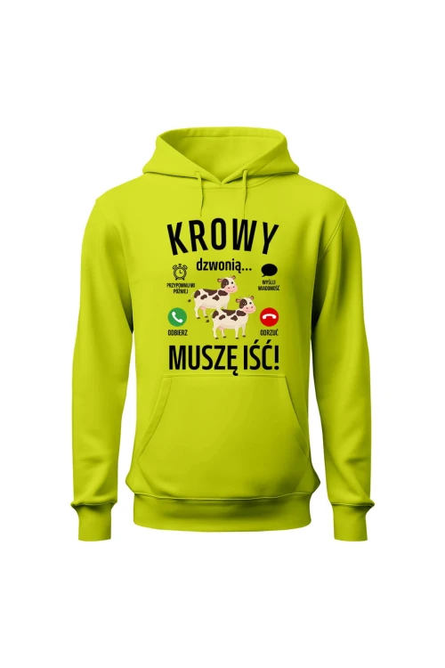 Bluza męska z kapturem Krowy dzwonią muszę iść - limonka