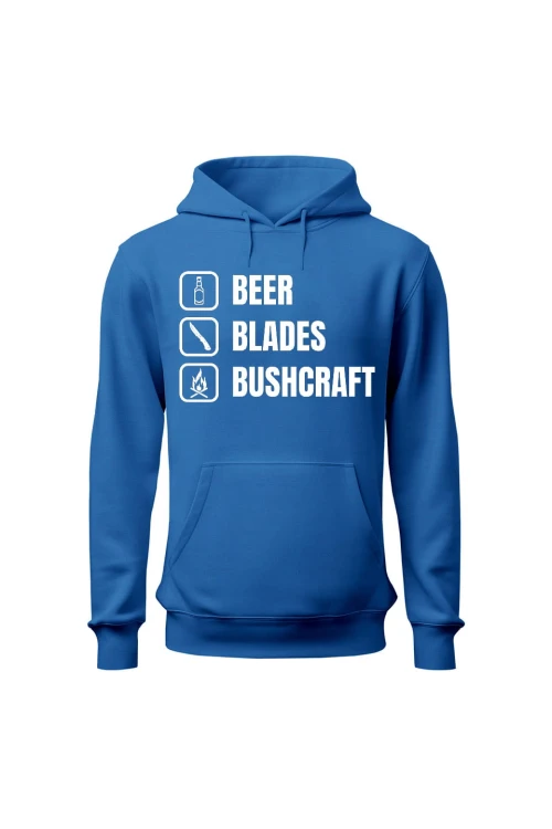 Bluza męska z kapturem Beer blades and bushcraft - niebieska