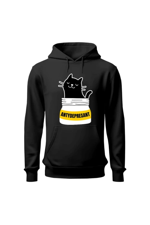 Bluza męska z kapturem Koci antydepresant - czarna