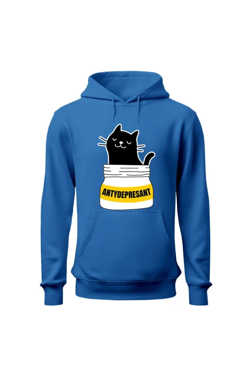 Bluza męska z kapturem Koci antydepresant - niebieska