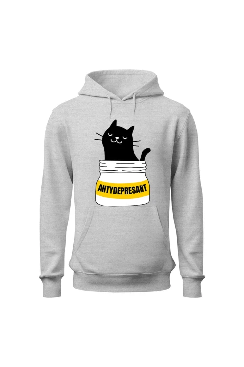 Bluza męska z kapturem Koci antydepresant - szara